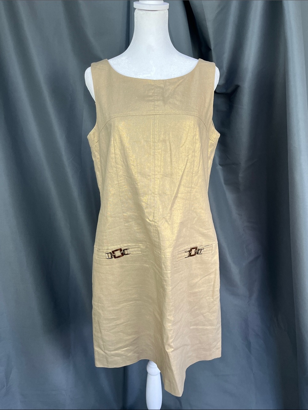 Tahari gold Sleeveless Shift Dress with Buckle Accents